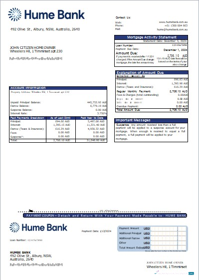 Download Australia Humebank bank mortgage statement scr Photoshop template